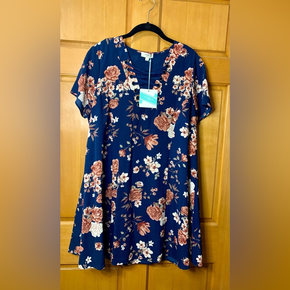 Umgee Navy Floral Lace-Up Short Sleeve Dress